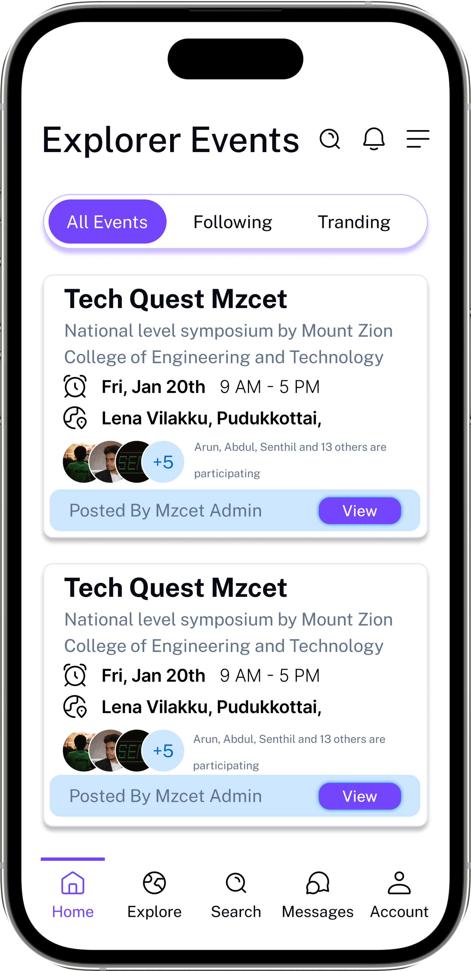 Campus Events home feed in light mode